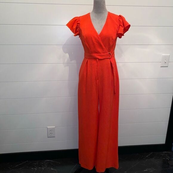 Taylor Pants - Taylor Women's Zip-Front Belted Wide-Leg Orange Jumpsuit Size 2